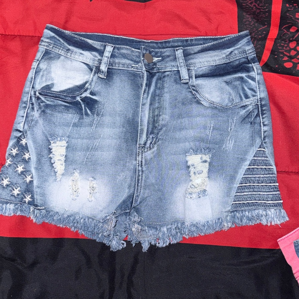 Distressed Blue Denim Jean Shorts with Frayed Hem